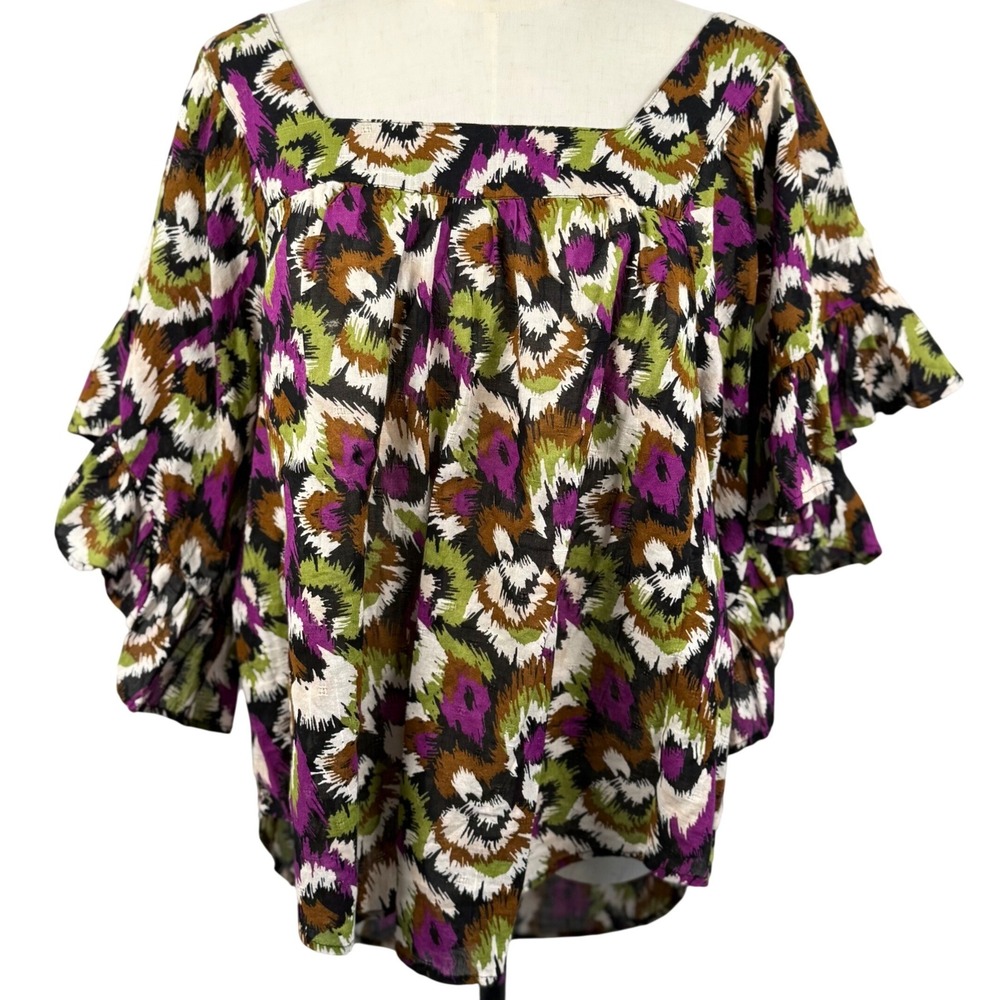 Terra & Sky Boho Peasant Top 0X Tiered Flutter Sleeve Ikat Art to Wear Plus Size